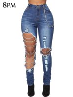 【YD】 Womens Jeans Distressed Ripped Denim Pants Stretch Metal Chain Decoration ouc1471