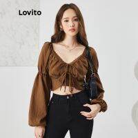 Lovito ชุดเซ็ตเสื้อผ้าถัก แบบผูกหน้า แต่งลูกไม้ สไตล์ลำลอง สำหรับผู้หญิง L47AD045 (สีน้ำตาล)