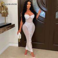 ANJAMANOR Sequin Mesh See Through Maxi Dress Going Out Womens Sexy Clothing Club Wear Birthday Party Dresses D57-DE24