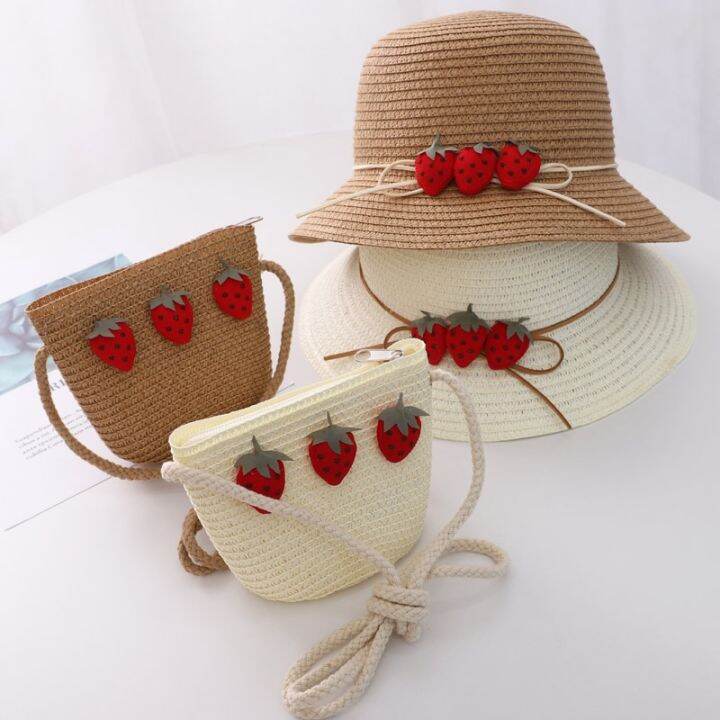 Spring Summer Baby Girl Straw Hat With Cute Strawberry Outdoor Kids