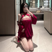 Fun Lingerie Sexy Three Piece Uniform Set Perspective Soft Yarn Antique Red Bra Skirt Outer Cover Shirt Hanfu Tang Suit JQW0