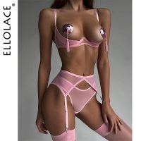 ZZOOI Ellolace  Lingerie Open Bra Kit Push Up Sexy Sensual Underwear 3-Piece Heart Hollow Crotchless Panties Garter Intimate