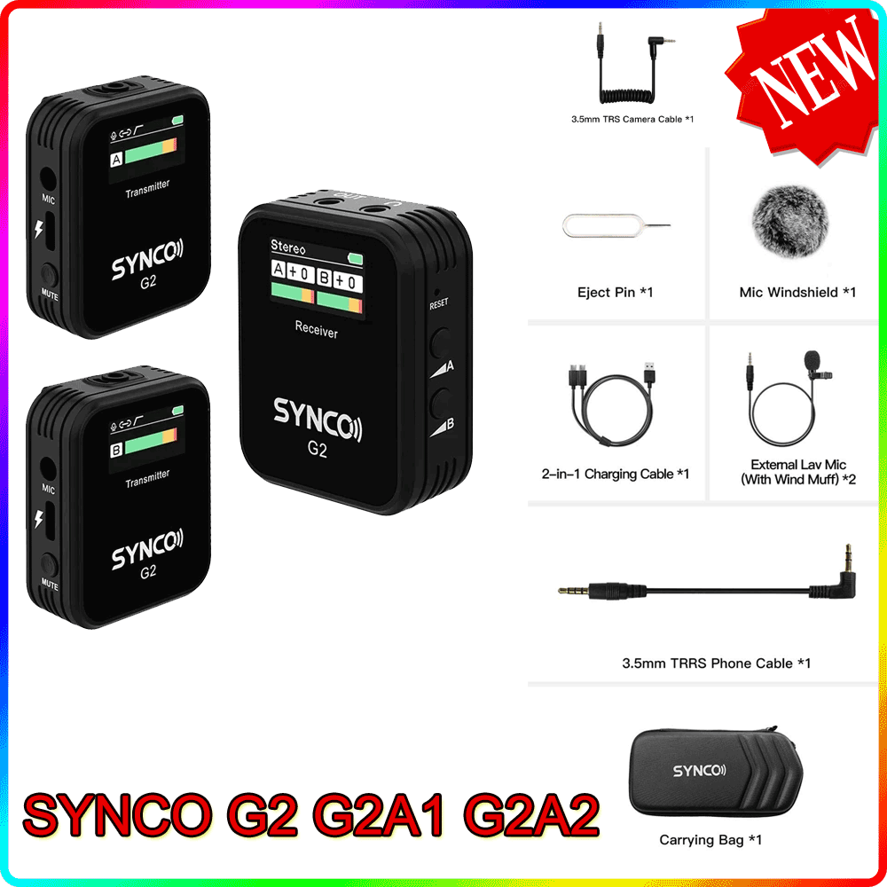 SYNCO G2 2.4GHz Wireless Microphone 2 Transmitter 1 Receiver External Lav-Mic Compatible with DSLR Camera,Camcorder,Smartphone A2 