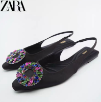 【Original】Womens shoes zaraˉ black decorative details all-match flat slip-on shoes rhinestone sandals