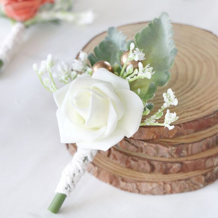 เข็มกลัดติดช่อดอกไม้งานแต่งงานของดอกไม้-boutonniere-เกาหลีของประดับงานแต่งงานชุดแต่งงานสำหรับเจ้าบ่าวสีชมพูขาว