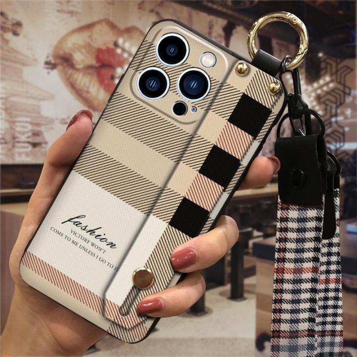 dirt-resistant-plaid-texture-phone-case-for-iphone13-pro-small-daisies-shockproof-tpu-lanyard-protective-new-original