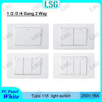 LSG ประเภท118มม.คุณภาพสูงสีขาวขนาดใหญ่250V 16A 1 / 2 / 3 / 4 Gang 2 Way Wall Wall สวิตช์ไฟ PC Flame Retardant แผงตัวควบคุมปุ่มกดฉุกเฉินสวิทช์