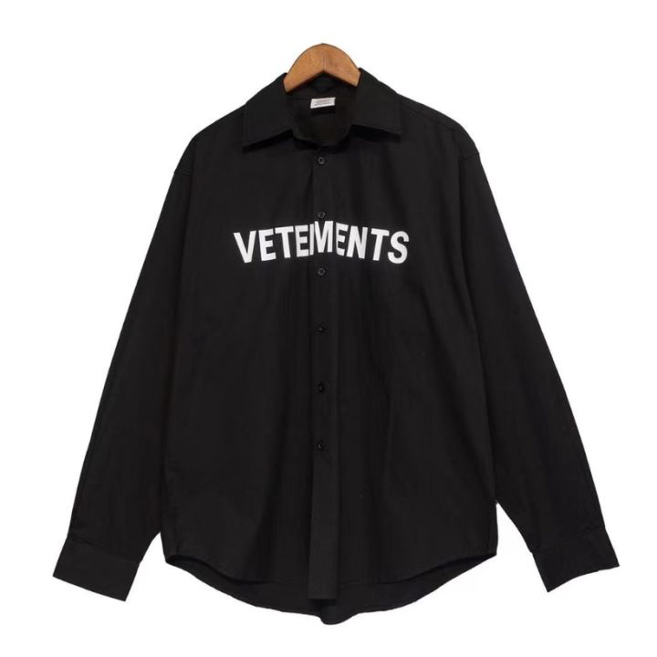 แฟชั่นเสื้อเชิ้ตแขนยาวพิมพ์ลายโลโก้-vetements-พลัสไซส์