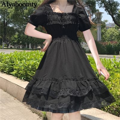 Japanese Harajuku Summer Women Black Mini Dress Square Collar High Waist Puff Sleeve Dress Gothic Lace Ruffles Cosplay Dresses