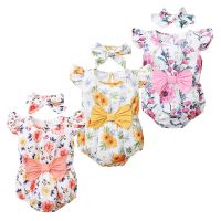 COD DSFERTEREERRE Newborn Baby Girl baju Cute Romper Floral Print Bowknot Fly Sleeve Onesie with Headband Outfit