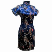 【LZ】✜  Cheongsam chinês do vintage para mulheres azul marinho vestido de Qipao mini S M L XL XXL XXXL 4XL 5XL 6XL J4065