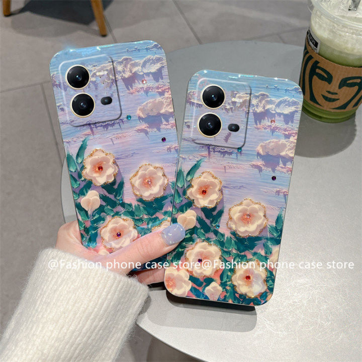 เคสโทรศัพท์-vivo-v25e-v25-pro-5g-y35-2022-phone-case-ปลอกใหม่หรูหรา-vintage-blu-ray-rhinestone-camellia-ดอกไม้-soft-cover