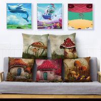 Fantasy Fairy World Mushroom Elf Print Pillow Cover 45x45cm Cushion Covers Linen Pillow Case Car Sofa Home Decor Pillows Cases