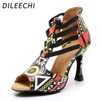 DILEECHI New Featured print Dance Shoes For Women Latin Salsa Dance Boots Paty Ballroom Dance Shoes Women Shoes cuban heel 9CM