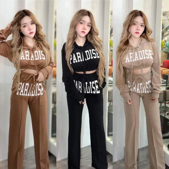 เซ็ต2ชิ้น เสื้อครอปแขนยาวสกรีนPARADISE+กางเกงขายาวแต่งสกรีน.. | Lazada ...