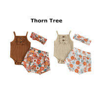 Thorn Tree 3 ชิ้นเสื้อผ้าเด็กผู้หญิง Ruffle Tops Romper + กางเกงขาสั้นลายดอกไม้ + ชุดที่คาดผมชุด