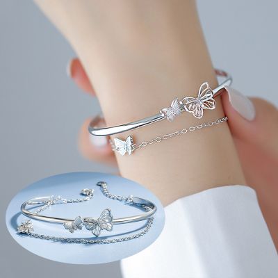 Fashion Hollow Butterfly Bangle Bracelet Silver Color Double Layer Tassel Chain Bracelet For Women Girls