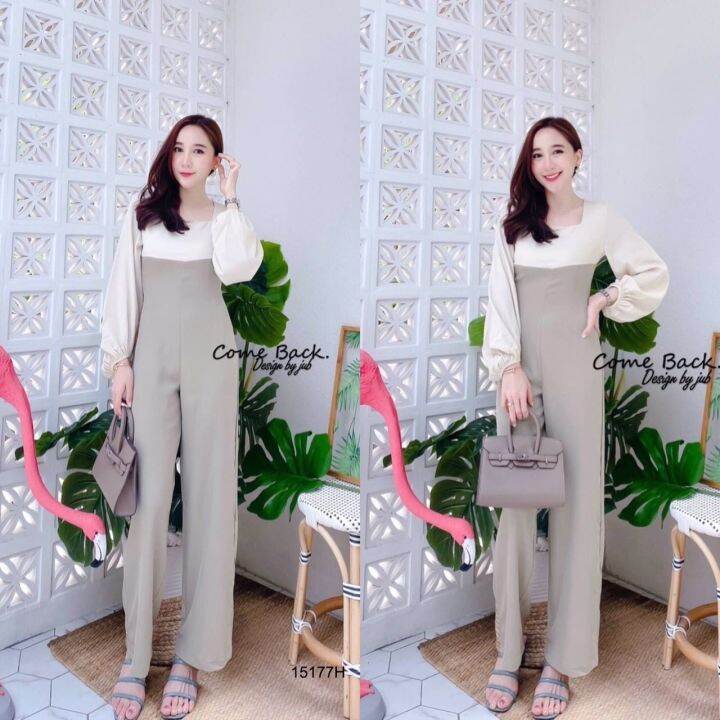 tw15177-jumpsuit-จั้มสูทขายาวแขนพองสีทูโทน