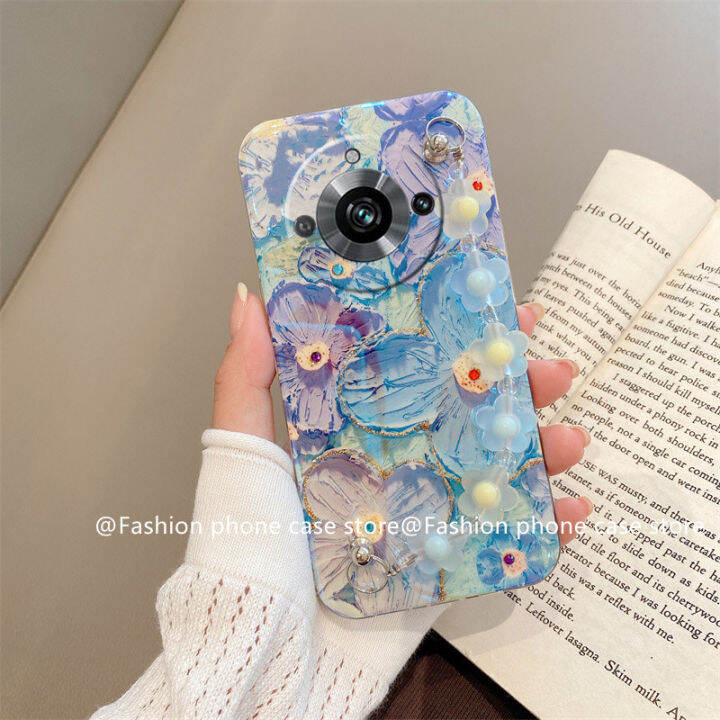 phone-case-เคส-realme11-pro-realme-11-pro-plus-5g-วินเทจเคสโทรศัพท์ภาพดอกไม้บลูเรย์เพ้นท์น้ำมัน-rhinestone-ปลอกนิ่มพร้อมสร้อยข้อมือ2023