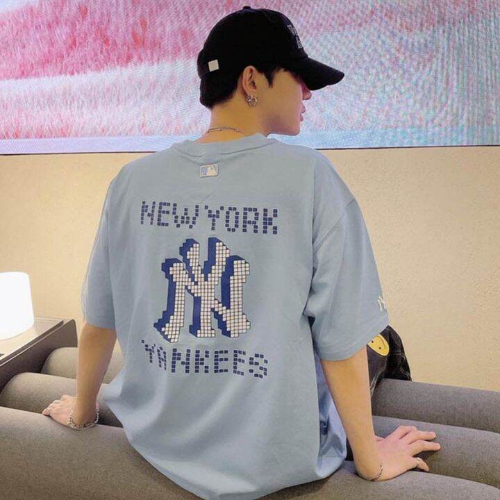 mlb-เสื้อยืด-logo-ny-t-shirt-oversize-เสื้อกีฬาแขนสั้นคู่รักแฟชั่นลำลอง