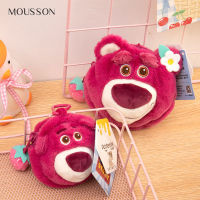 MOUSSON จี้ Dompet Koin ทรงกลมตุ็กตาแพนด้าปุกปุยสตรอเบอร์รี่หมีสีแดงน่ารักผู้หญิงใส่พวงกุญแจห้อยกระเป๋าบัตรสีชมพูกระเป๋าสตางค์