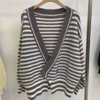 LY VAREY LIN Autumn Winter Women Fashion V-neck Striped Buttons Knitting Cardigan Office Lady Long Sleeve Irregular Sweater Coat