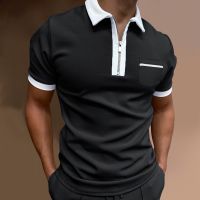 2022 New Fashion Breast Pocket Polo Shirt Mens Summer Polo Lapel Slim Monochrome Zipper Breathable Polo Casual Mens Wear