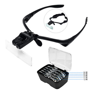 TKDMR Headband Glasses Magnifier Glass LED Ioupes 5 Individual Interchangeable Lens for Tool Repair Soldering Reading Jeweler