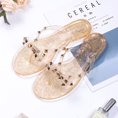 【CW】 Hot 2020 Fashion Woman Flip Flops Shoes Beach Rivets big bow flat sandals Brand jelly shoes girls size 36-45