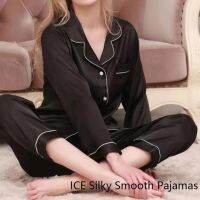 【LZ】♟❀⊙  Mulheres Ice Silky Pijama Pijamas Roupa De Noite Preto Champagne L XL Camisa De Manga Comprida E Calças Cor Sólida Casual Liso