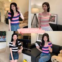 DD SHOPพร้อมส่ง 9506 เสื้อไหมพรม คอกลมแขนสั้น ดีเทลลายทางน่ารักเกาหลี