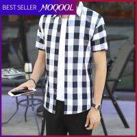 MOQOOL เสื้อเชิ้ตแขนสั้นเข้ารูป,เทรนด์ฉบับภาษาเกาหลีสำหรับเสื้อเชิ๊ตชายลายสก็อตเสื้อคลุมรัดรูปสำหรับบุรุษเสื้อลำลองแขน5/4