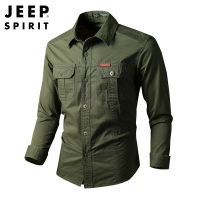 G&amp;MN   JEEP SPIRIT เสื้อเชิ้ตแขนยาวทรงหลวมของผู้ชาย,เสื้อลำลองธุรกิจมีหลายกระเป๋าผ้าคอตตอนฟอกแนววินเทจ