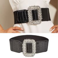 New Shirt Dress Decorative Waistbands Rhinestone Inlay Buckle PU Leather Stone Pattern Waist Belt Wide Elastic Corset Belt Black Belts