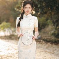 ฤดูร้อนจีน R คอมโพสิดลูกไม้เย็บปักถักร้อย Cheongsam คลาสสิกแขนสั้นผู้หญิง Qipao ทุกวัน Dress