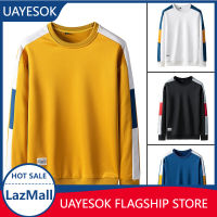 UAYESOK- เสื้อยืดเสื้อยืดผู้ชายขนาดเสื้อยืดเสื้อยืดสีทึบแขนเสื้อสเวตเตอร์เสื้อใหม่เทรนด์คอกลม