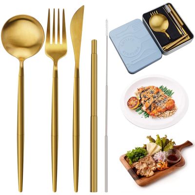 Reusable Travel Utensils Silverware with Case  5Pcs Stainless Steel Travel Camping Cutlery Set  Portable Flatware Cutlery Set Flatware Sets