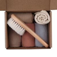 6pcs Baby Saliva Towel Newborn Bath Toy Set Gifts Box Cotton Burp Cloth Wooden Hair Brush Infant Comb Head Massager