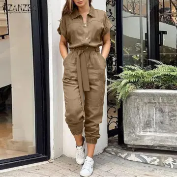 3 Days Delivery】ZANZEA Womens Summer Short Sleeve Cargo Jumpsuit