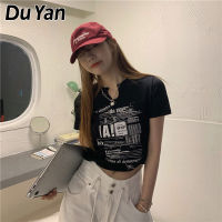 Du Yan ผู้หญิงสีขาวคอวีแขนสั้นเสื้อยืดฤดูร้อนเวอร์ชั่นเกาหลีของพืชครอบตัดบาง Ins