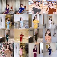 ME11284 Dress ปาดไหล่ ระบายรอบ ทรงเข้ารูป ผ่าด้านหน้า ผ้าซาร่าสีพื้น ใส่ออกงานได้ค่ะ มีซิปหลัง พร้อมส่ง