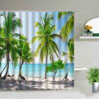 【hot】✔  Scenery Shower Curtains Beach Sea Turtle Starfish Landscape Curtain With