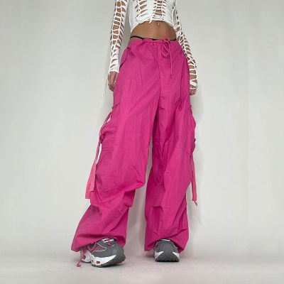 Beautifultime Y2K สีชมพู Drawstring เอวต่ำกางเกงฮิปปี้กางเกงคาร์โก้ขนาดใหญ่เกาหลีเต้นรำ Joggers ถุงกางเกงวินเทจ Streetwear
