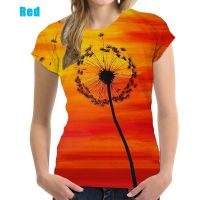 2023 newWomen Round Neck Dandelion Print Tops Casual Pullover Plus Size T-Shirt Loose Top Short Sleeve Shirt