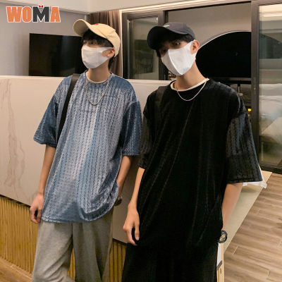 WOMA เสื้อเสื้อลำลองแขนสั้นผู้ชายสไตล์ฮ่องกง,เสื้อยืดแขนห้าส่วนเสื้อยืดคอกลมสไตล์ญี่ปุ่น