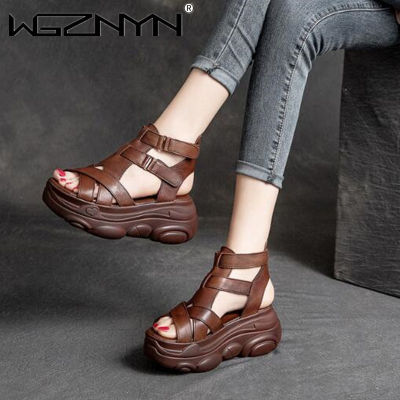 Roman-style Comfortable Sloping Heels for Women with High Toe Layer of Cowhile-leather Retro Chunky Rocking Sandals Fashion Shoe