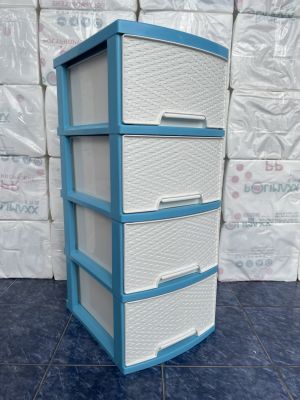 ตู้ลิ้นชักเก็บของใหญ่ 4 ชั้น สีขาว โครงสีฟ้า ที่จับสีฟ้า ลายข้าวหลามตัด ตู้เก็บของ ตู้เก็บเสื้อผ้า รุ่น A 002 21