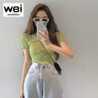 WEISHIBLUE สีทึบบางถัก Crop เสื้อยืดผู้หญิงเสื้อยืด Chic Slim หญิง Ins สไตล์ Botton Turn-Down Collar Top Tees