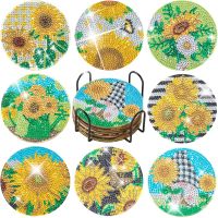 CHENISTORY 8pc/sets Diamond Painting Coasters With Holder Sunflowers Mosaic Embroidery Adults Crafts Kids Beginners Gift