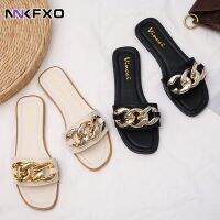 Hot sell New Brand Women Slippers Fashion Metal Chain Sandals Casual Outdoor Slides Flip Flops Comfort Low-heel Shoes Vc3249